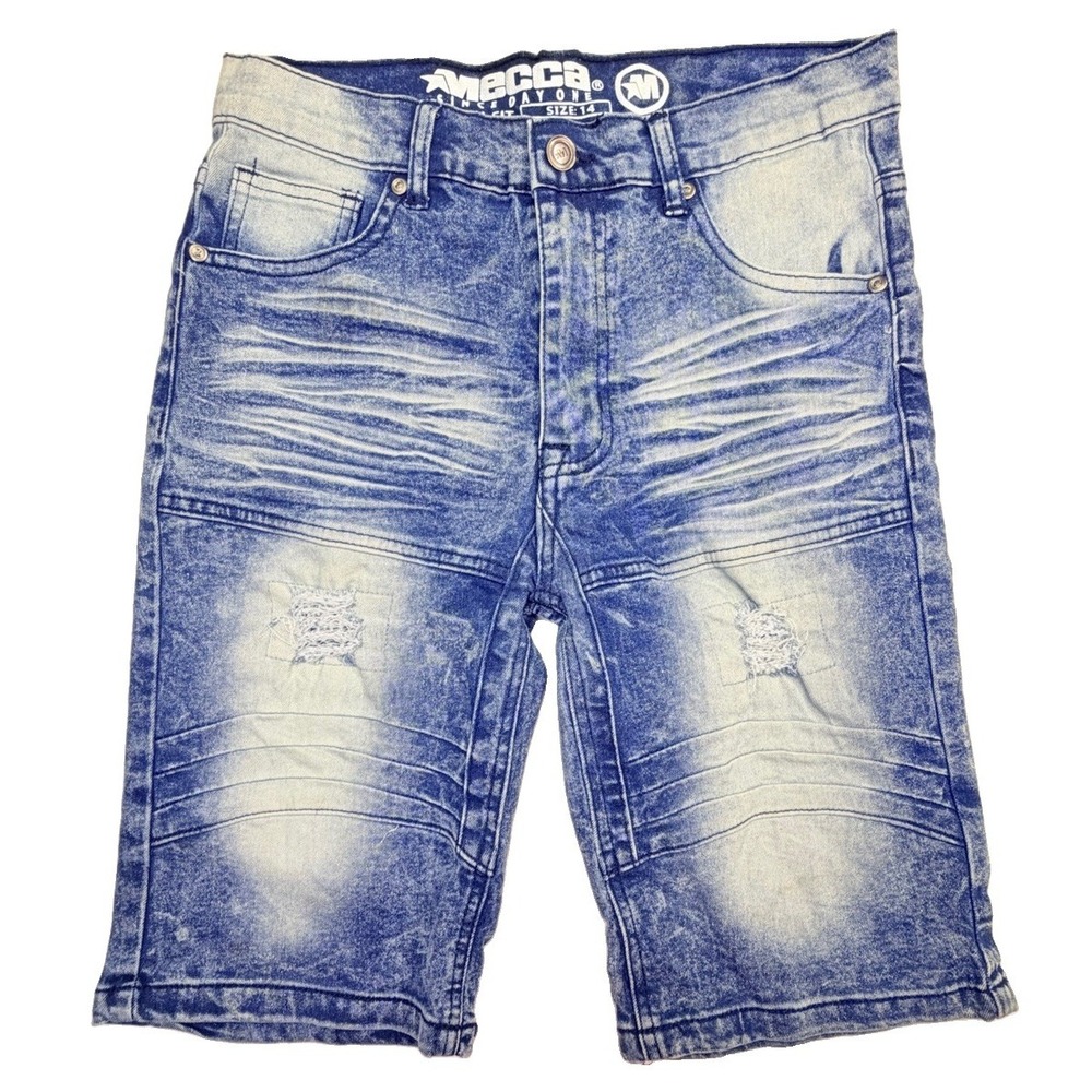 Mecca Since Day One Shorts Youth Size 14 Blue Acid Wash Stretch Moto Biker Jean